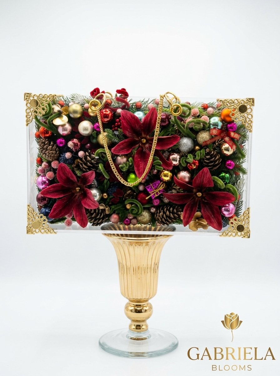 Clear acrylic handbag filled with fir, red lilies, pine cones and Christmas baubles, on a gold vase